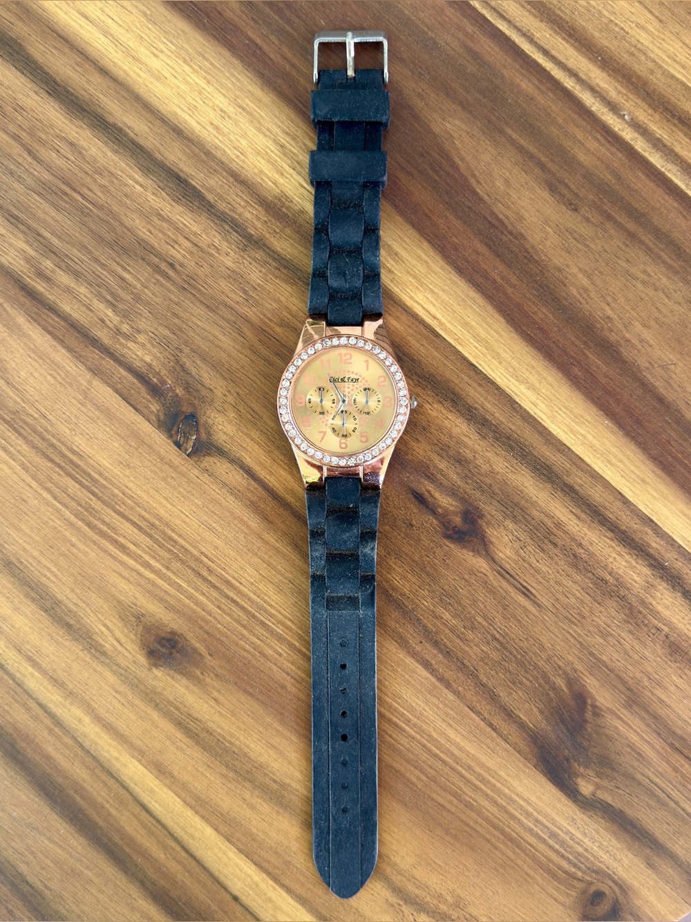 CICI & FAYE RHINESTONE ROSE GOLD WATCH BLACK STRAP GLAM VINTAGE